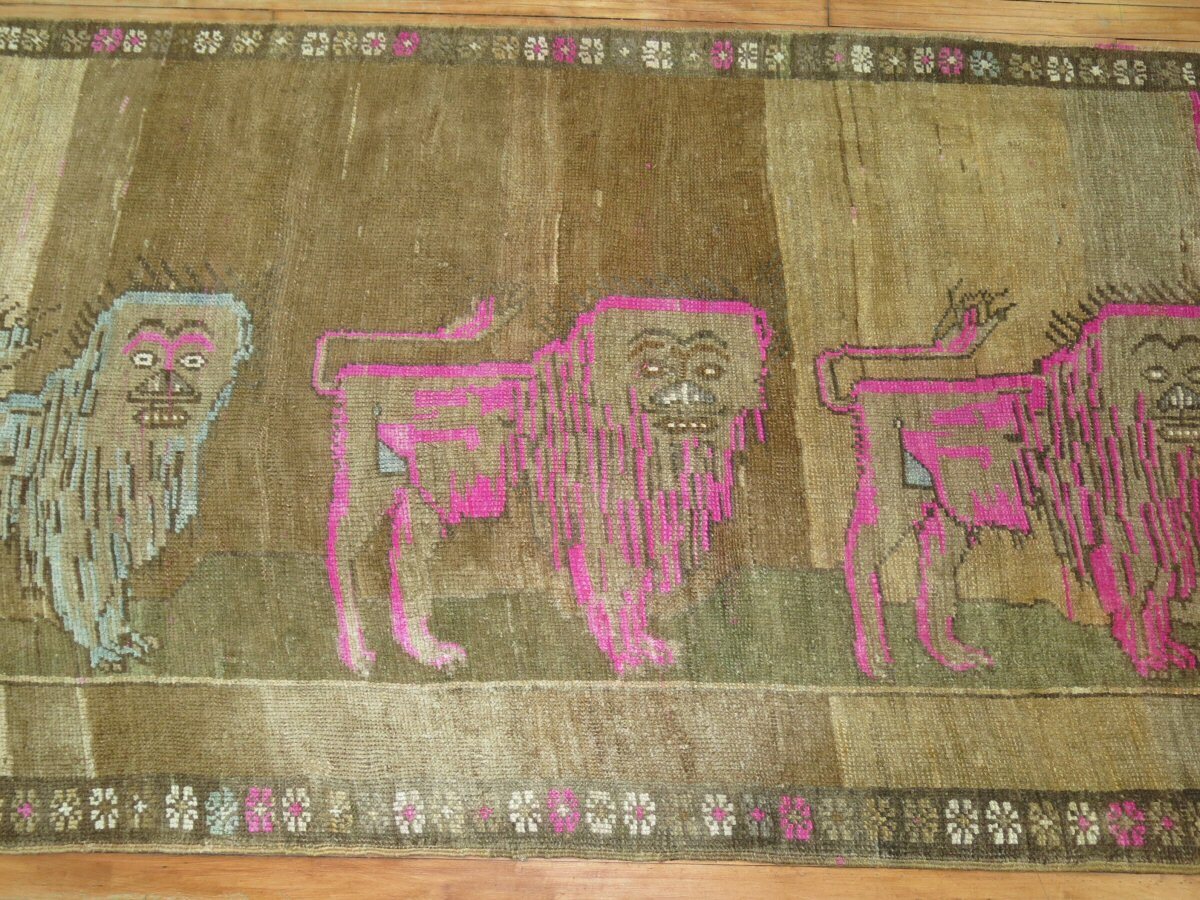 Vintage Kurdish Kars Pictorial Lion Gallery Rug Size 3'9''X9'5'' gallery
