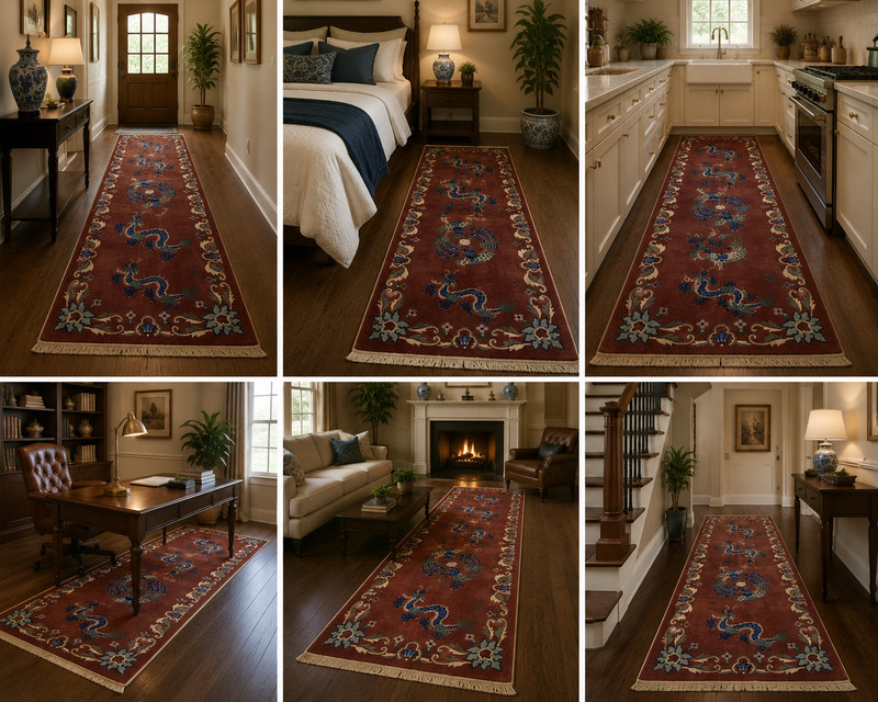 c1950's ANTIQUE MINT ART DECO DRAGON DESIGN CHINESE NICHOLS RUG 3’9” X 10’6” gallery