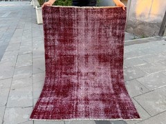 Vintage Turkish Rug 3.9×5.4 Ft Burgundy Handmade Wool Area Rug Distressed Boho