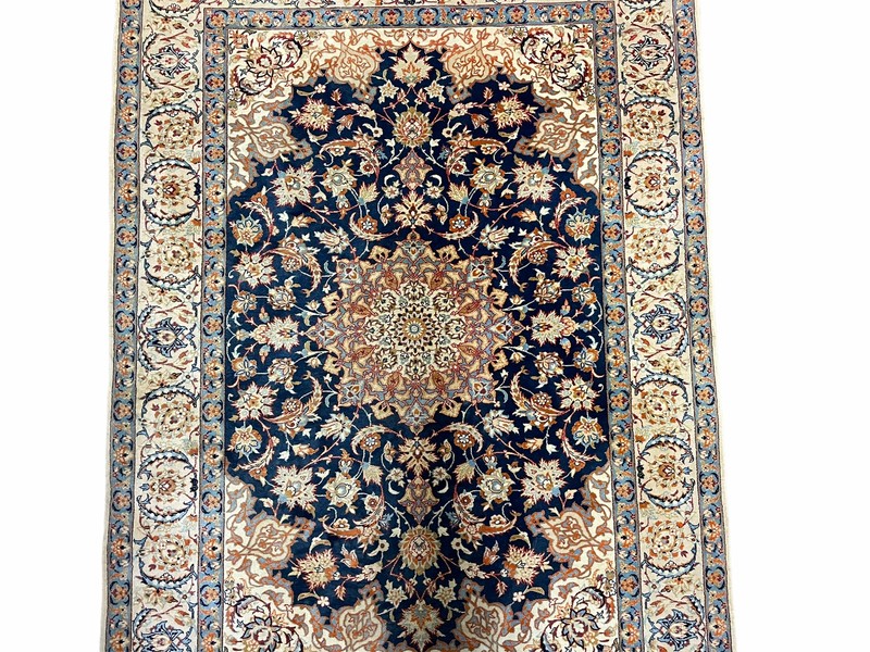 4x5 Ultra Fine Rug Handmade Rug Medallion Rug Floral Rug Beige Dark Blue Rug gallery