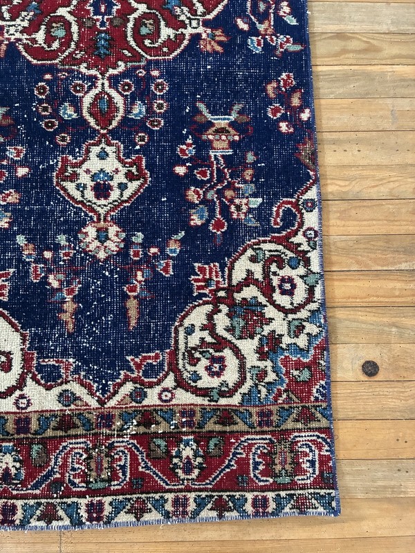 Hallway Kitchen Runner Rug 2x7 Vintage Turkish Navy Blue Red Floral Wool Mat gallery