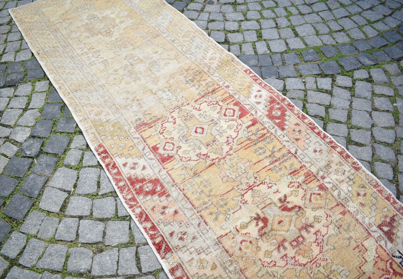 Vintage Turkish Rug 38'' x 119'' Muted Dye Hand-knotted Oushak Runner Wool Rug gallery