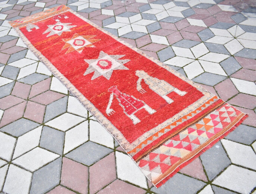 Turkish Runner Rug 34'' x 119'' Vintage Herki Hallway Rug Hand Knotted Area Rug