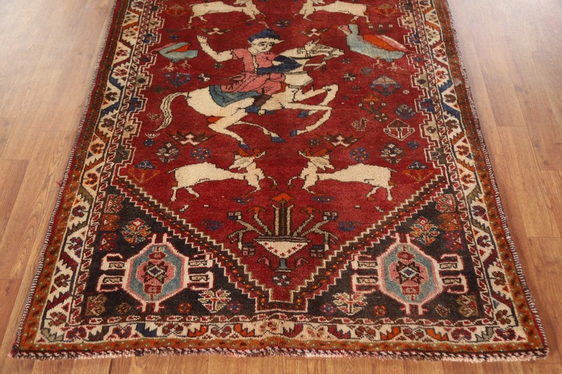 Hunting Design Handmade Traditional Rug 4x5 Ft Red Pictorial Oriental Wool Rug gallery