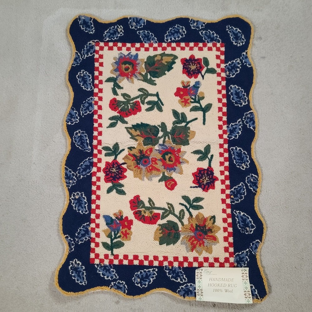 Vintage C & F Enterprises Handmade Hooked Rug Wool Flowers Floral 2' x 3'
