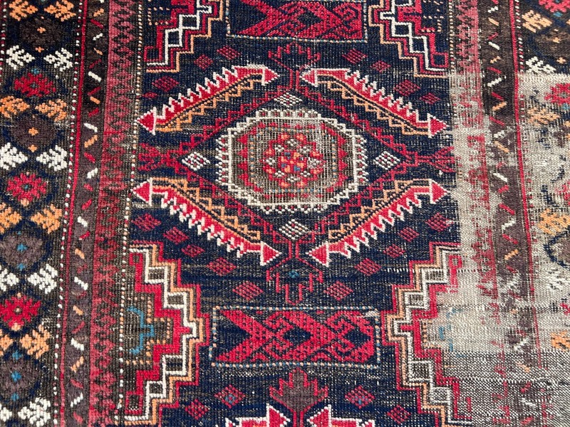 Black Red Distressed Low Pile Rug 4x6 ft Hand Knotted Caucasian Vintage Carpet gallery