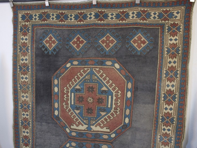 Vintage Hand Knotted Area Rug Blue Red Beige Geometric Turkish Rug 5x8 ft gallery