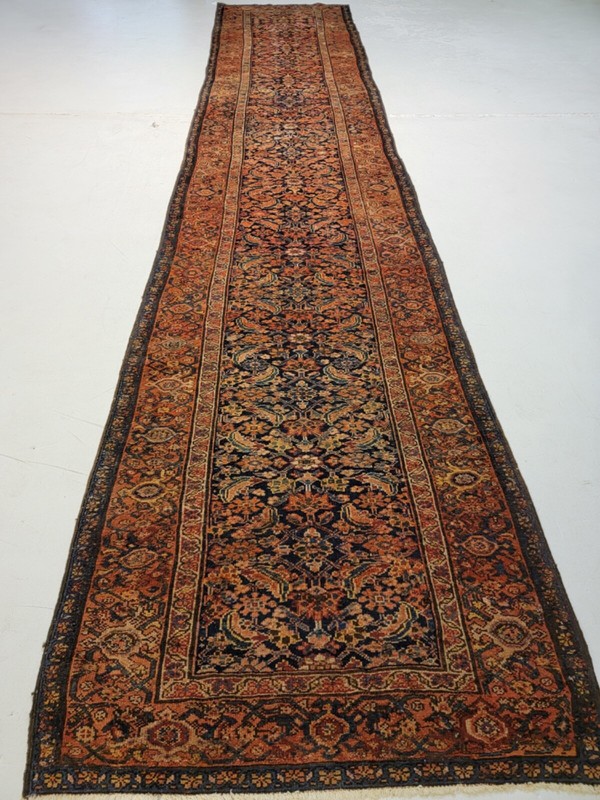 Antique Oriental Hand-Knotted Wool Runner Malayer Rust/Navy Blue/Ivory 3'2" x 15 gallery