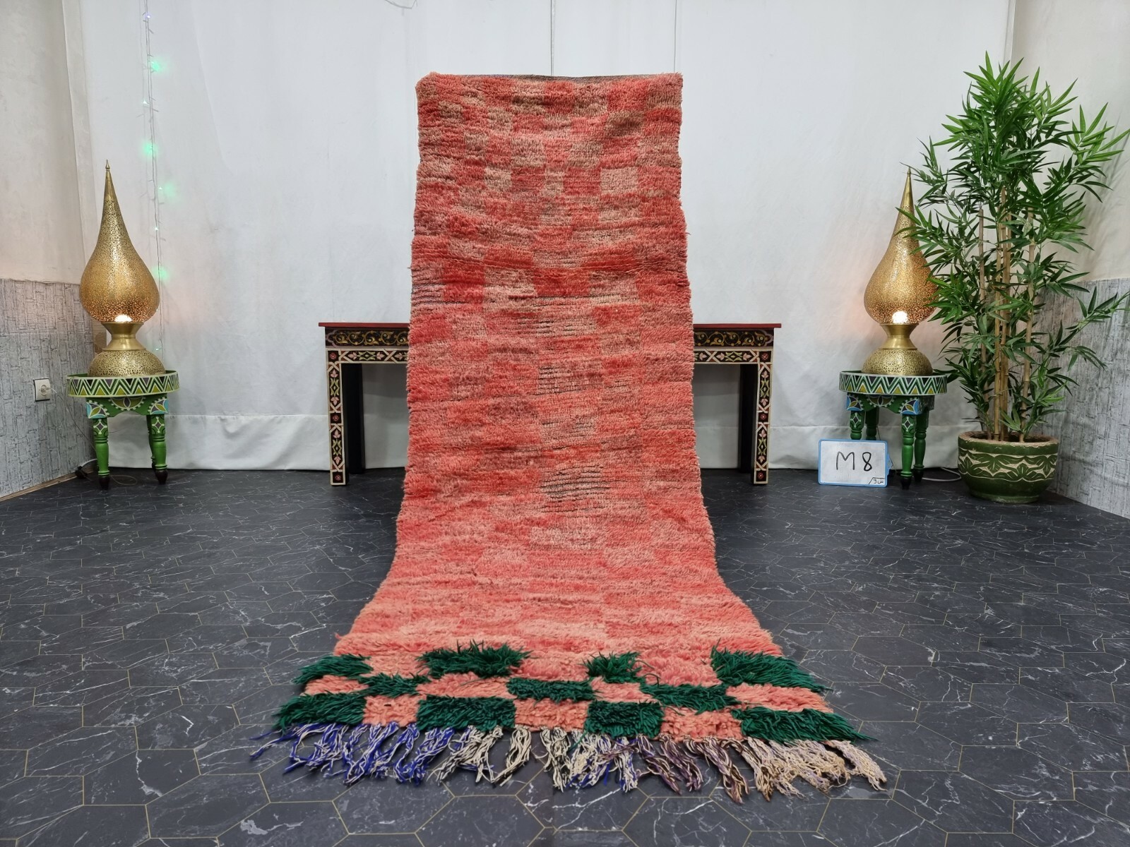 Moroccan Handmade Vintage Rug 2'6"x8' Berber Checked Faded Red Green Carpet gallery