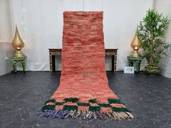 Moroccan Handmade Vintage Rug 2’6″x8′ Berber Checked Faded Red Green Carpet