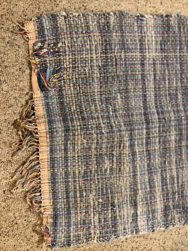 VTG HAND LOOMED DENIM RAG FLOOR RUG BLUE FARMHOUSE 1970s USA 26 1/2 X 90" AS IS gallery