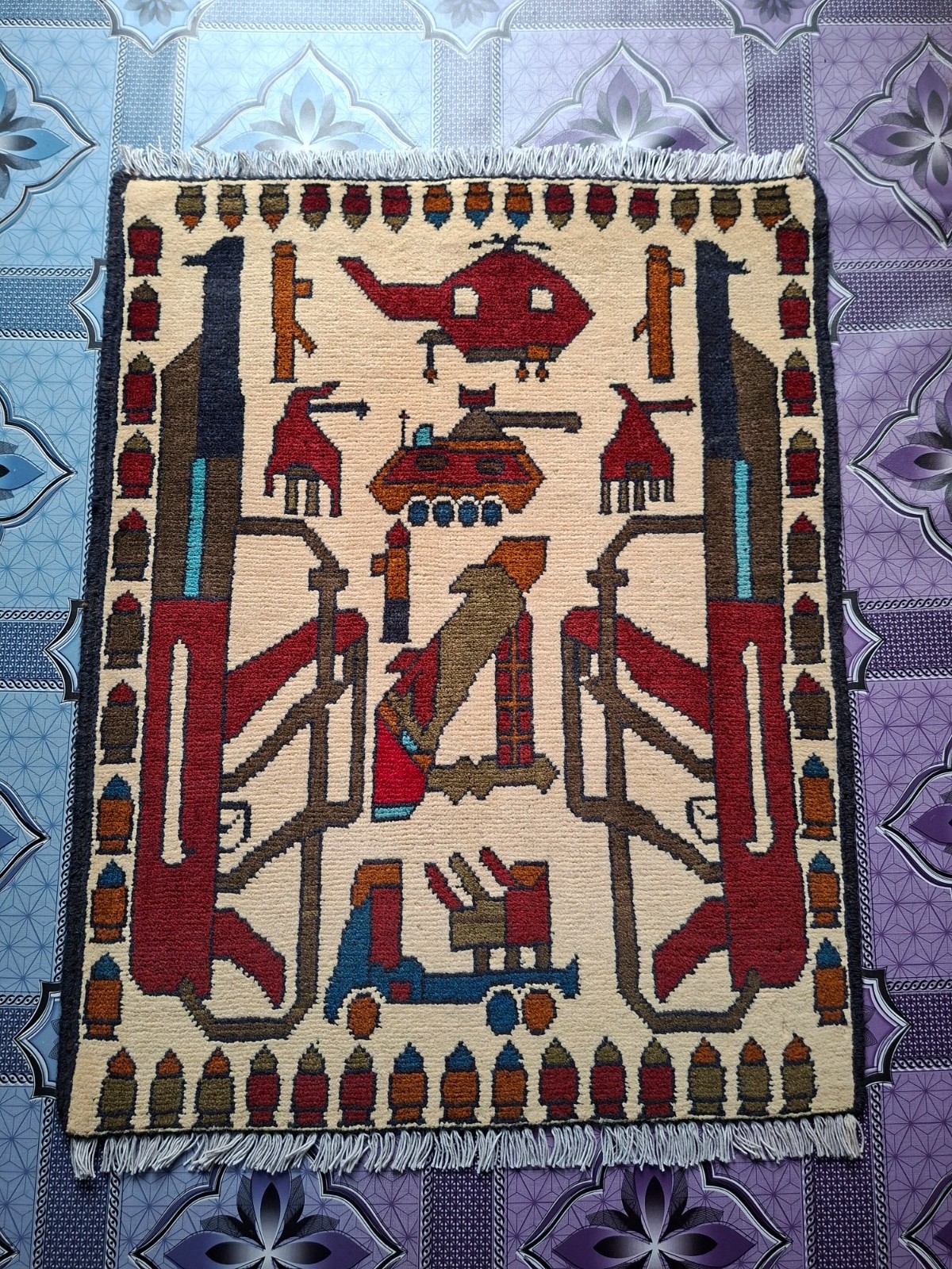 M110 Vintage Afghan War Rug 9/11 Handmade Wool Pictorial Tribal Rug 81 ×64 Cm gallery
