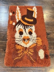 Rya Shag Rug 2×4, Rabbit in Top Hat, Wool, Orange, Vintage 1960s Danish Shag Rug