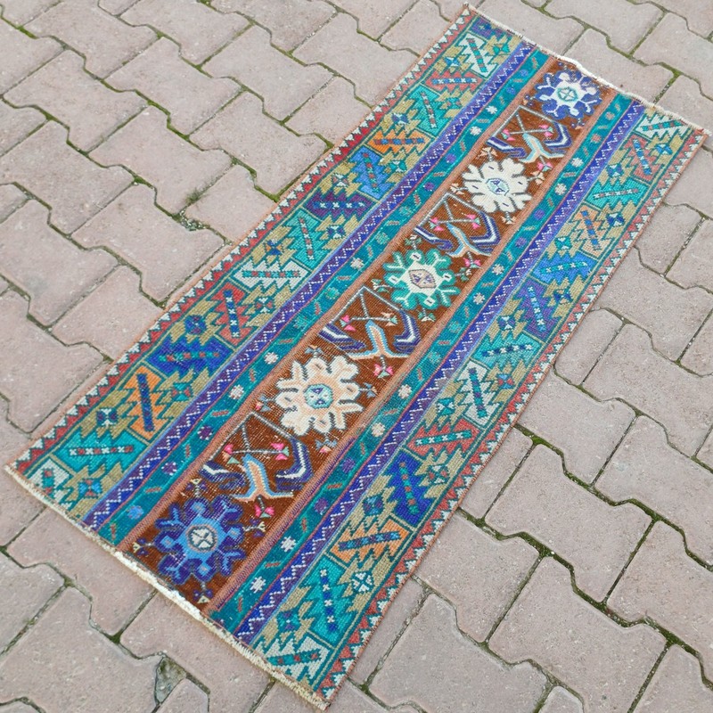 Turquoise Brown 1x4 ft Vintage Turkish Wool Accent Rug For Entryway- Tariff Free gallery