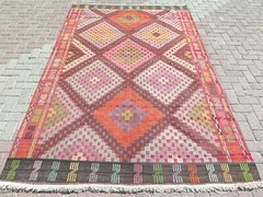 Large Multicolor Diamonds Turkish Rug, Vintage Handwoven Carpet Kelim 73″x115″