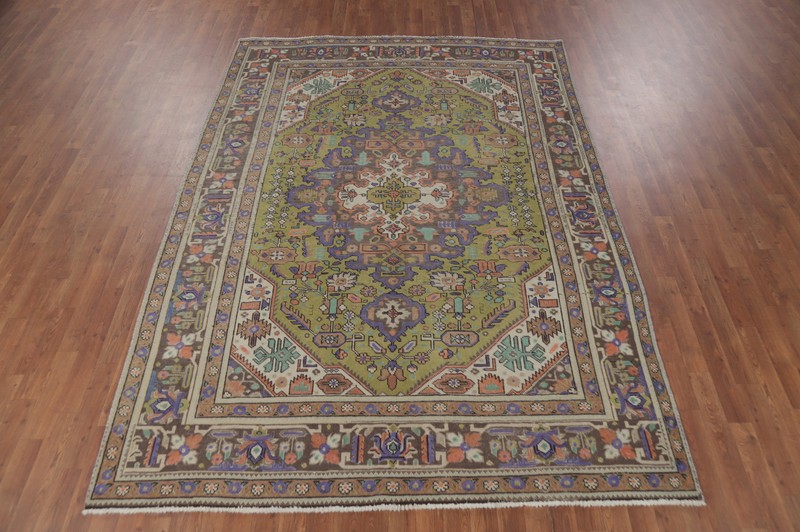 Light Green Geometric Over-Dyed Traditional Hand-knotted Rug Area Carpet 7x9 gallery