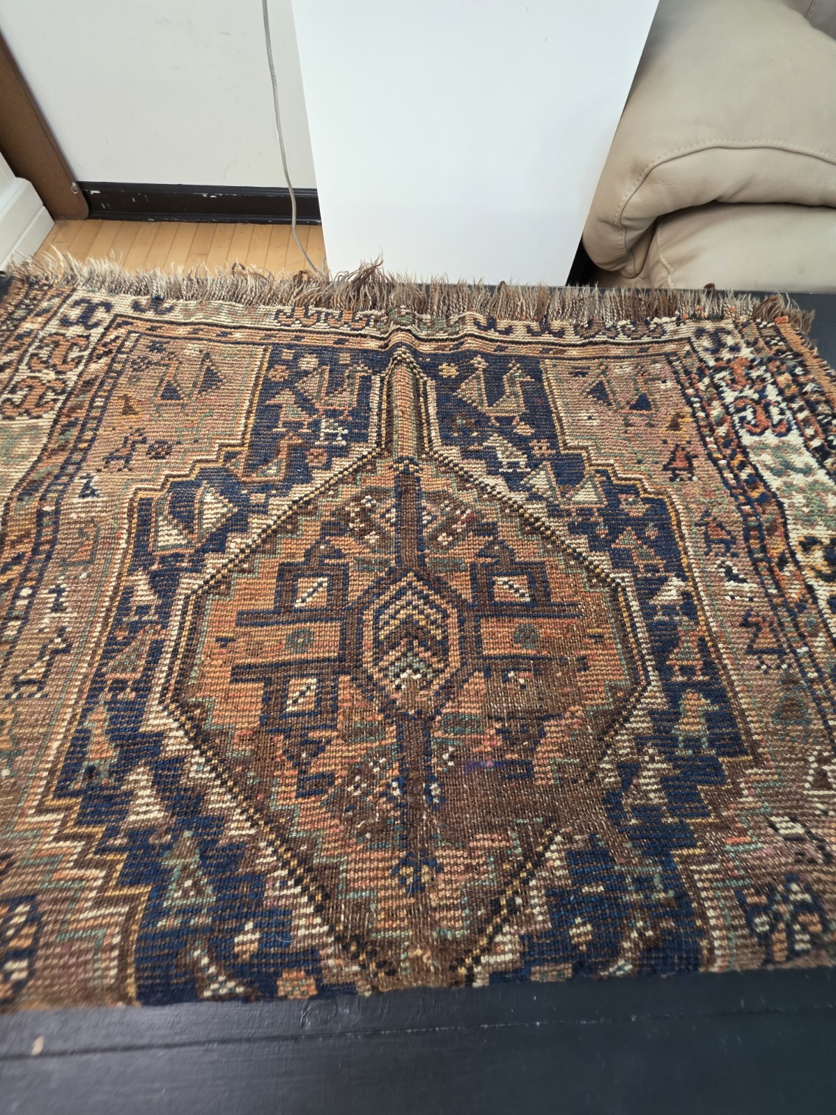 Antique Hand Knotted Wool Tribal Rug 46x33 Geometric Area Rug Vintage Fringe gallery