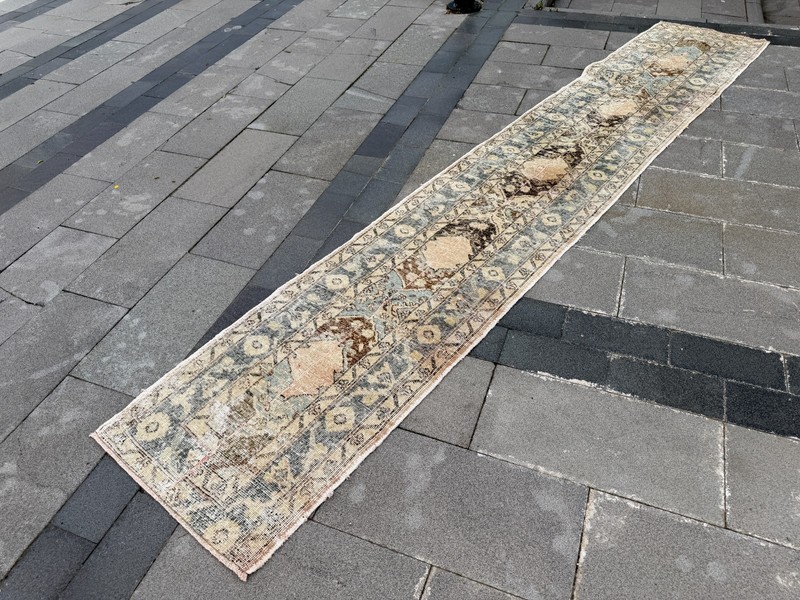 Vintage Turkish Oushak Runner Rug 2.2x12.4 ft Beige Sage Green Hallway Rug gallery