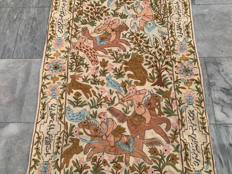 Vintage Handmade Aubusson Rug pictorial Chain Stitch Needlepoint Rug 2x4 ft gallery