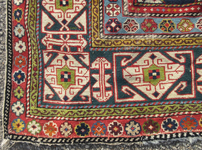 EARLY CIRCA 1880 ANTIQUE CAUCASIAN TRIBAL RUG W/ NATURAL DYES & WIDE BORDER gallery