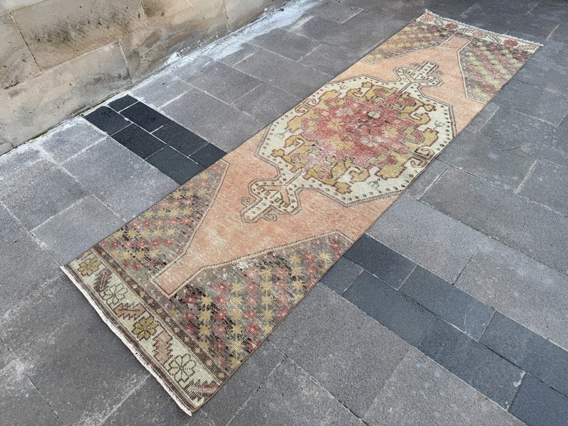 Vintage Turkish Oushak Runner Rug 2.7x9.5 ft Pink Sage Hallway Area Rug gallery