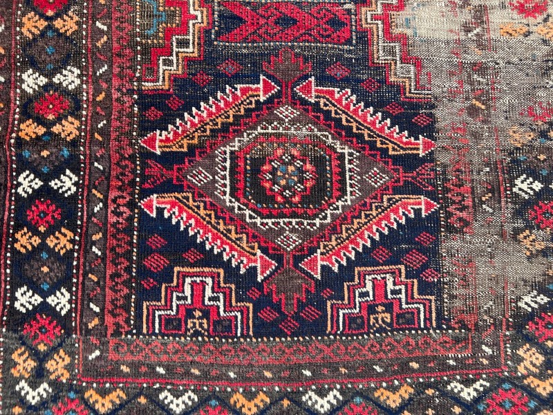 Black Red Distressed Low Pile Rug 4x6 ft Hand Knotted Caucasian Vintage Carpet gallery