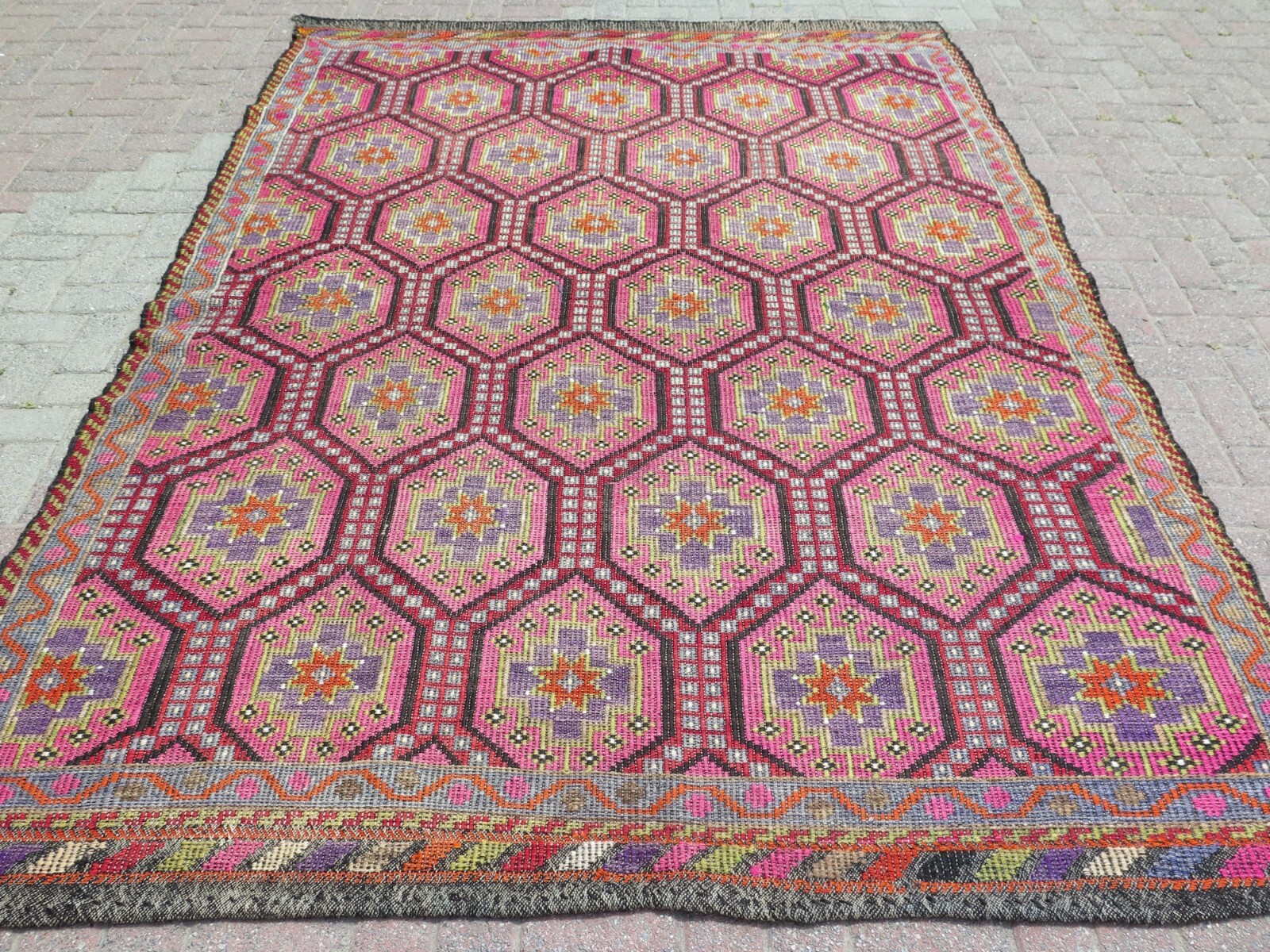 Area Rug, Boho Rug, Handmade Rug, Turkish Kilim, Embroidery Stars Rug 79"x112" gallery