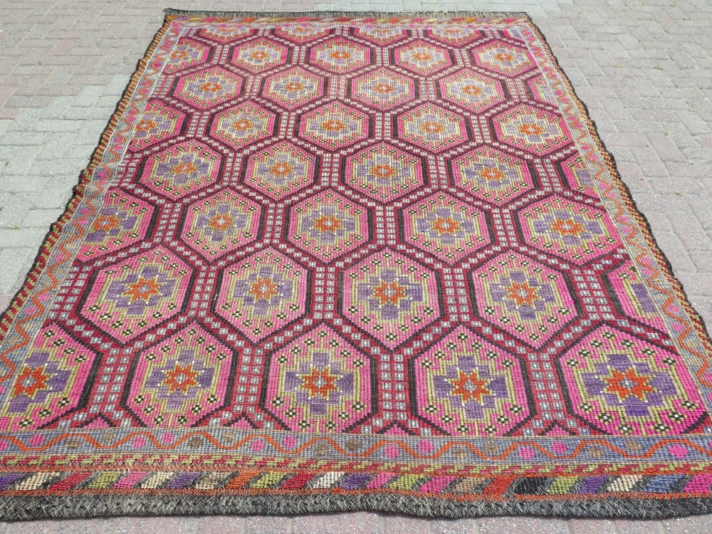 Area Rug, Boho Rug, Handmade Rug, Turkish Kilim, Embroidery Stars Rug 79"x112"