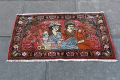 Vintage Hand Made Traditional Oriental Wool Red Pictorial Animal Rug 98x71cm