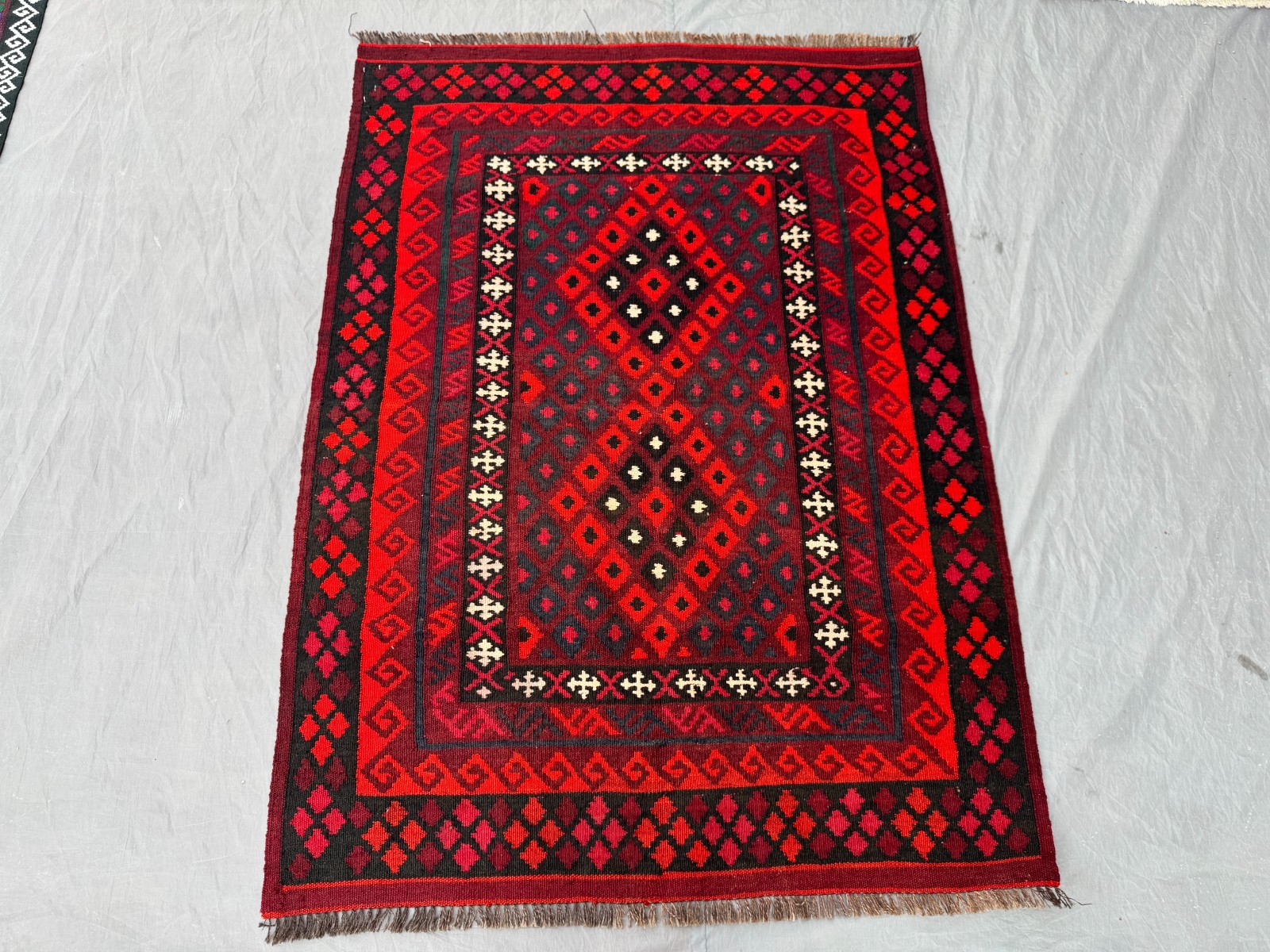 Vintage Afghan Ghelmori Kilim Rug, Handwoven Tribal Red Black Geometric Rug gallery