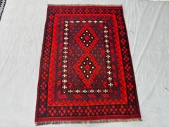 Vintage Afghan Ghelmori Kilim Rug, Handwoven Tribal Red Black Geometric Rug