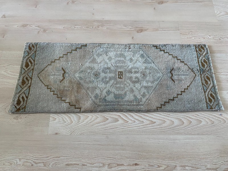 Muted Vintage Small Rug 1.1x2.8 ft with Minimal Medallion Neutral Bath Carpet gallery
