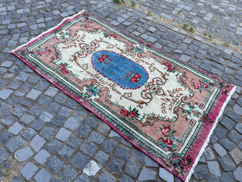 Bohemian Area Rug Handmade Wool Rug Turkish Vintage Traditional Rug 3,7 x 6,8 ft gallery