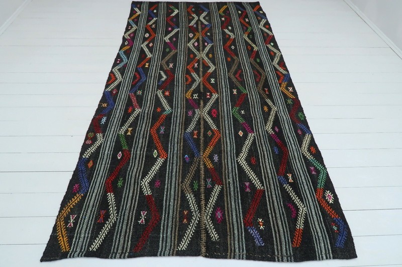 Anatolia Turkish Tribal Kilim Embroidered Black Gray Rug Wool Floor Rug 55"x108" gallery