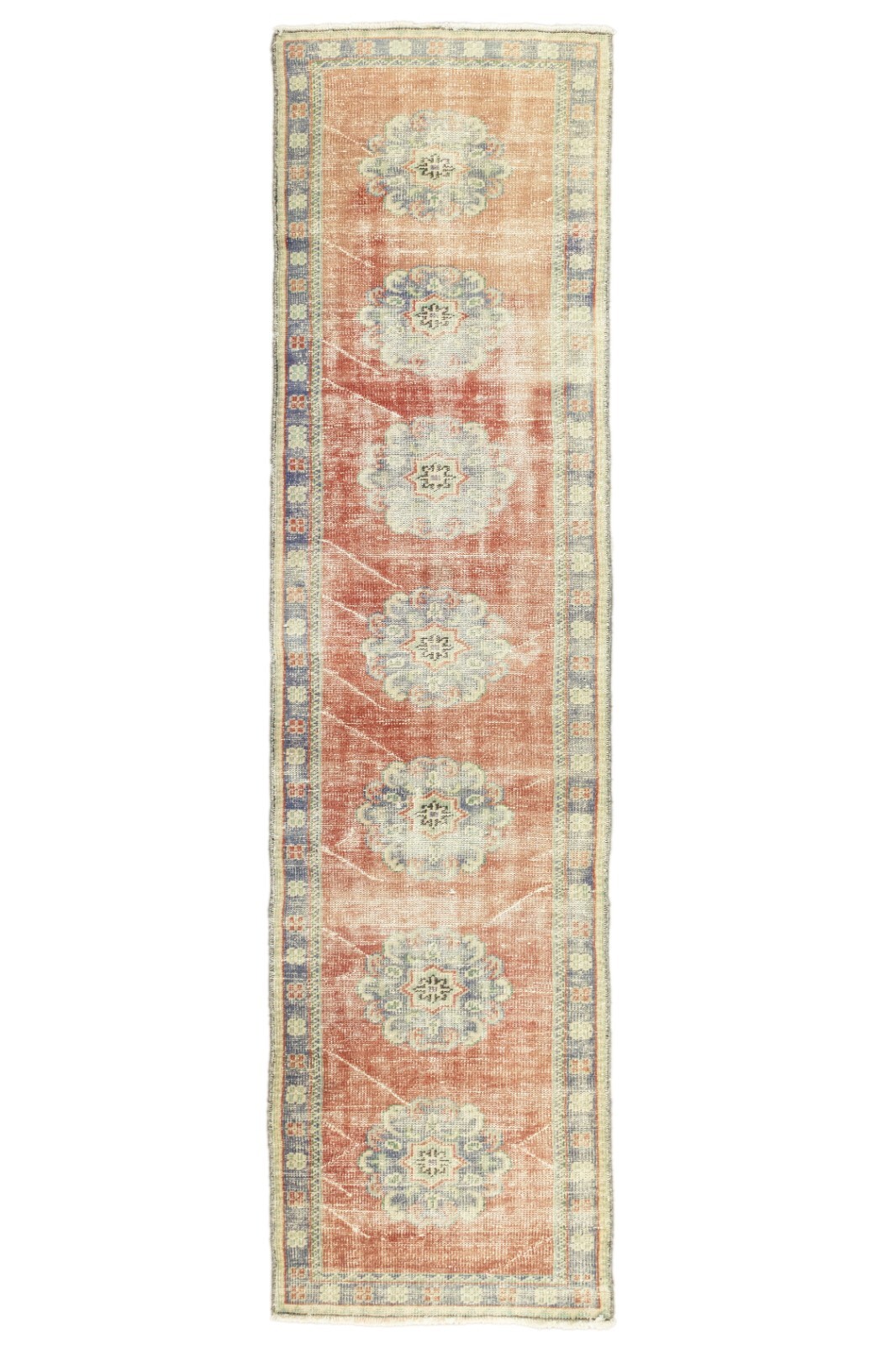 Rustic Turkish Oushak Runner – 2.7x11.7 ft – Distressed Pastel Red & Blue Rug gallery