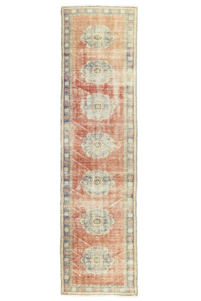 Rustic Turkish Oushak Runner – 2.7x11.7 ft – Distressed Pastel Red & Blue Rug