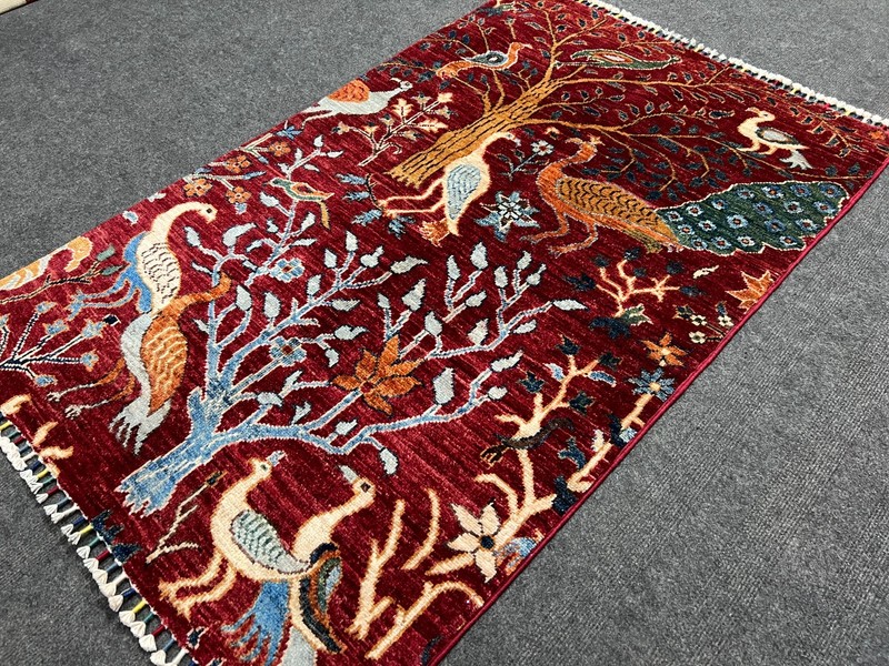 Handmade Afghan Pictorial Peacock Rug 3x4 Ft – Vintage Red Floral Boho Decor gallery