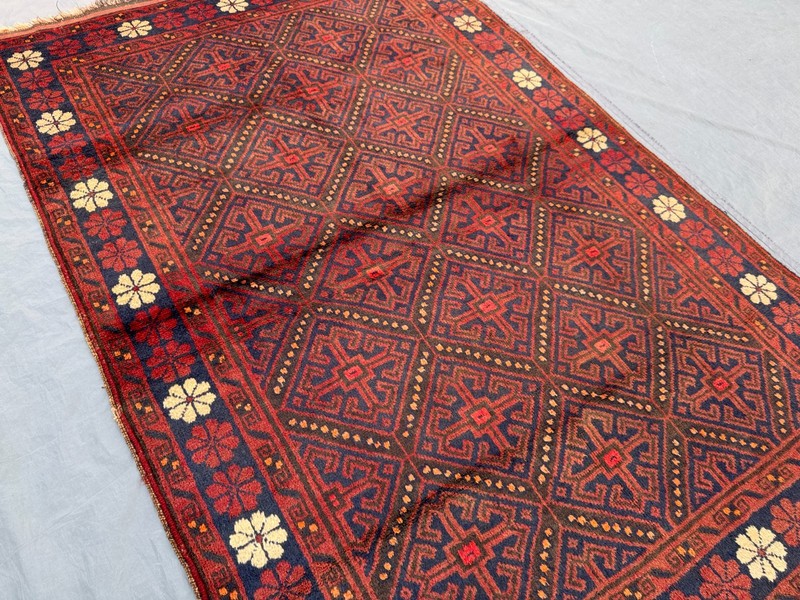 Red Blue Afghan Hand Knotted Wool Rug 4'10x7'4 Vintage Geometric Floral Area Rug gallery