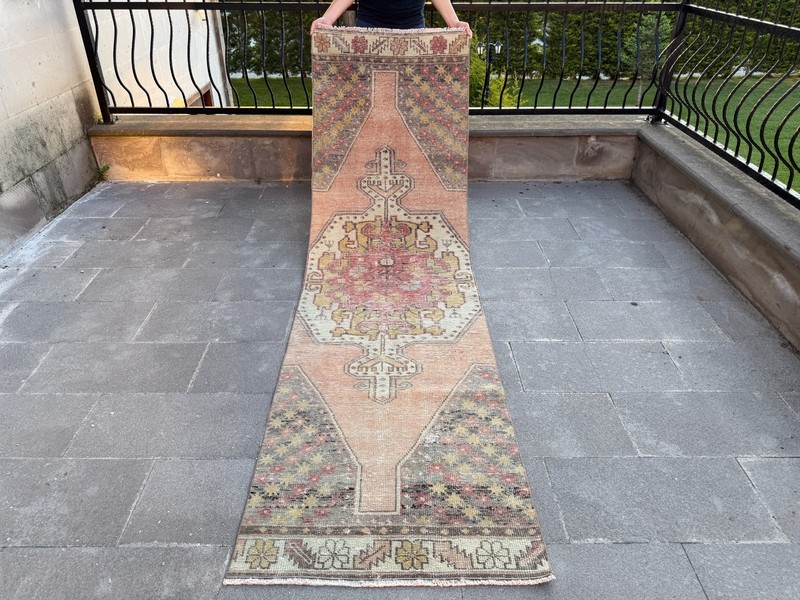 Vintage Turkish Oushak Runner Rug 2.7x9.5 ft Pink Sage Hallway Area Rug gallery