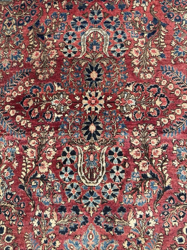4 X 7 Antique Oriental Rug C. 1925 Deep Rose Field Navy Sky Blue Sand Full Pile gallery