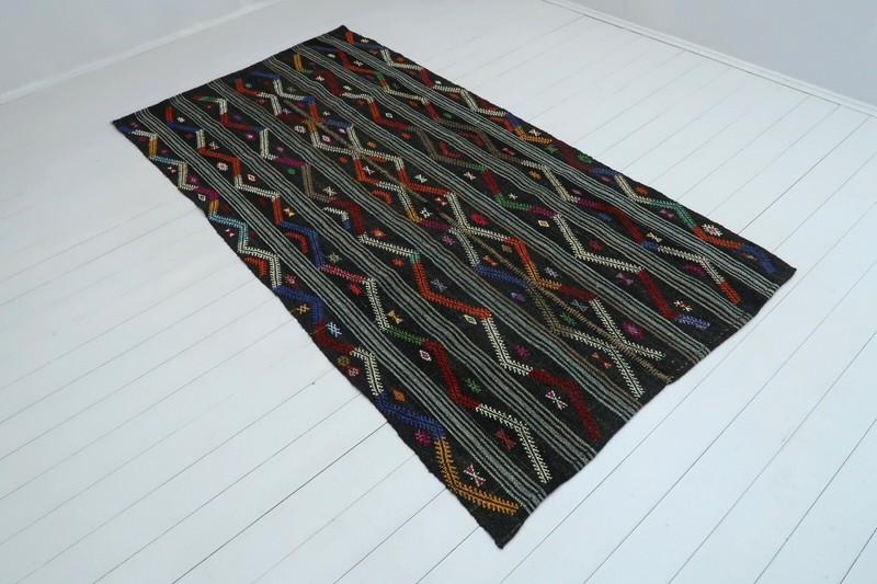 Anatolia Turkish Tribal Kilim Embroidered Black Gray Rug Wool Floor Rug 55"x108" gallery