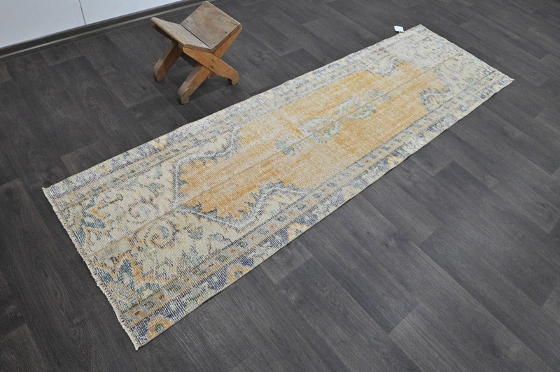 Vintage Turkish Runner Rug 2x7ft Wool Anatolian Handmade Hallway Oushak YELLOW gallery