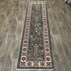 Green Hand Knotted Vintage Kazakh look Tribal Geometric Runner Rug 8”5 x 2”6
