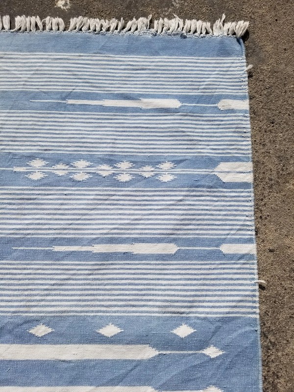 Vintage Traditional Handmade Dhurrie Striped Wool Blue & White Kilim 7.0x5.2 ft gallery