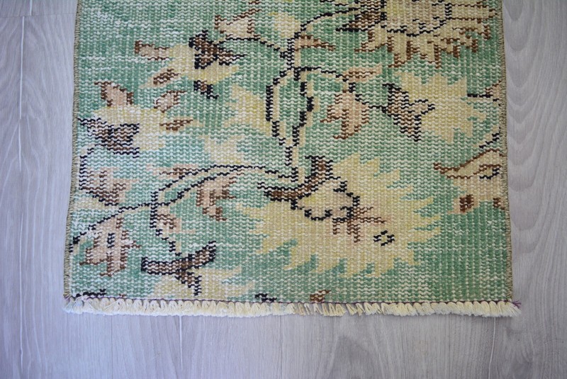 Green Antique Handmade Rug, 1.6x2.7ft, Turkish Floral Rug, Vintage Door Mat, gallery