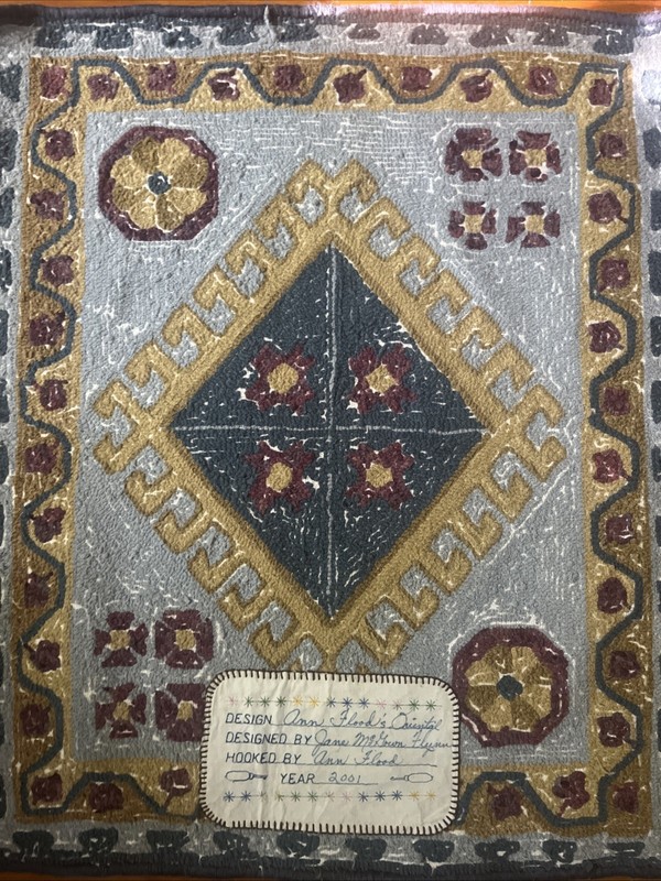 Vintage Signed FOLK ART Hooked Rug 26 x22 Geometric Flynn Flood Blue Carpet Mat gallery