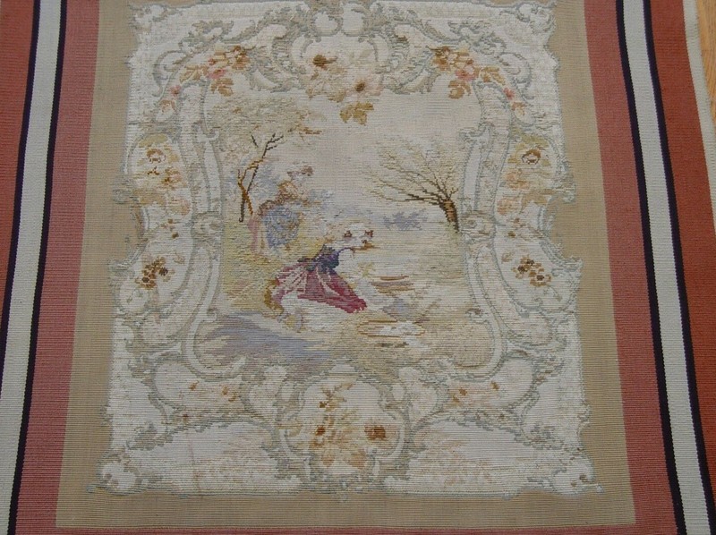 2'6"x2'8" ANTIQUE 1850s FRENCH AUBUSSON PICTORIAL HAND WOVEN FRAMED RUG CLEANED gallery