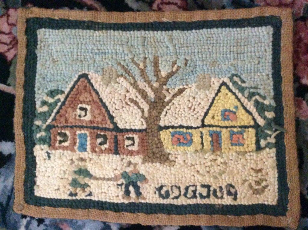 Small Antique Mat/Rug, "Quebec", Snow Scene, Grenfell Style, 10.25"X13.5" gallery