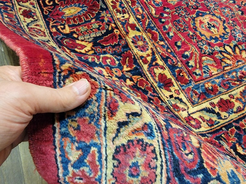 Antique hand knotted traditional design Sarouk rug size 10'2"×13' deep red gallery
