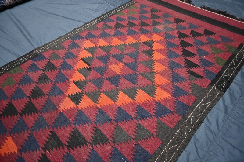 1940s Antique Afghan Geometric Kilim Rug 4x12 ft Handwoven Faded Wide Runner Rug gallery
